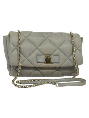 Authentic Salvatore Ferragamo Chain Vala Shoulder Bag Leather Gray Gold